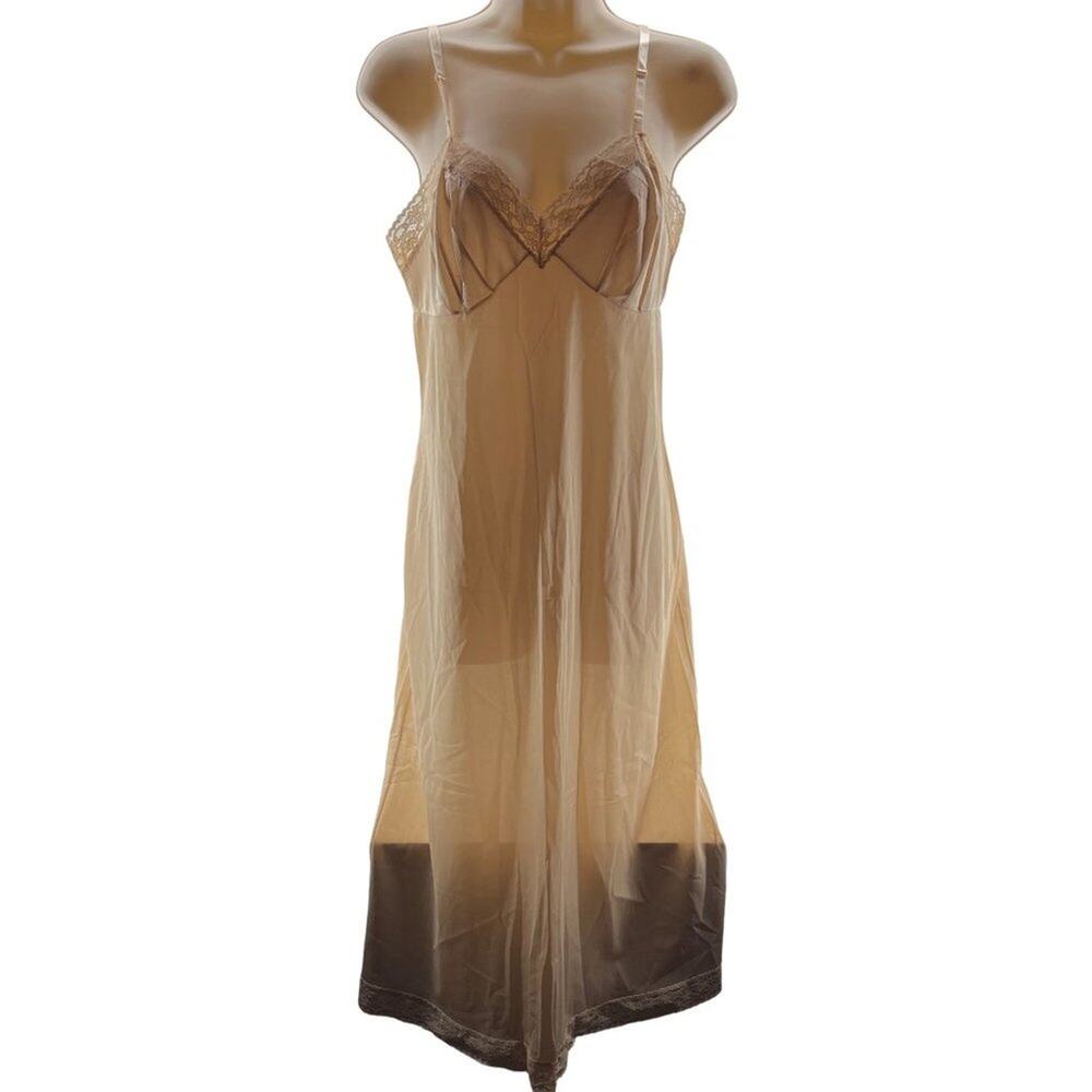Vintage Vanity Fair Full Slip Dress Lace Nylon Cream Beige Lingerie Womens 34